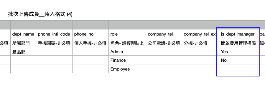 COMMEET 批次匯入成員格式中開啟費用管理權限欄位