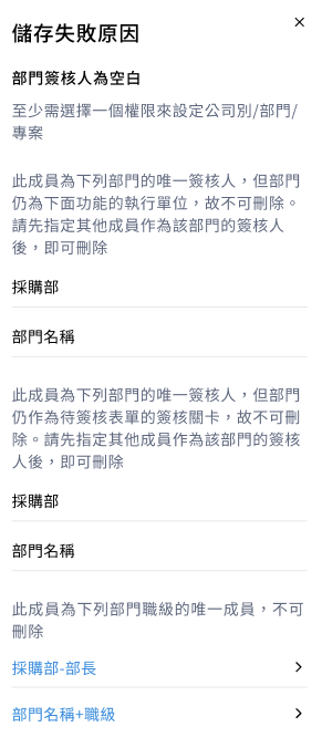COMMEET 儲存失敗原因畫面，提示部門簽核人為空